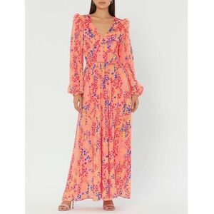 NWT ASOS DESIGN Womens Maxi Dress Pink Abstract Ruffle V-Neck Slit